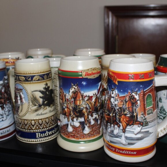 Vintage Budweiser Holiday Christmas Ceramic Beer Stein Mug Collectible Set/Lot